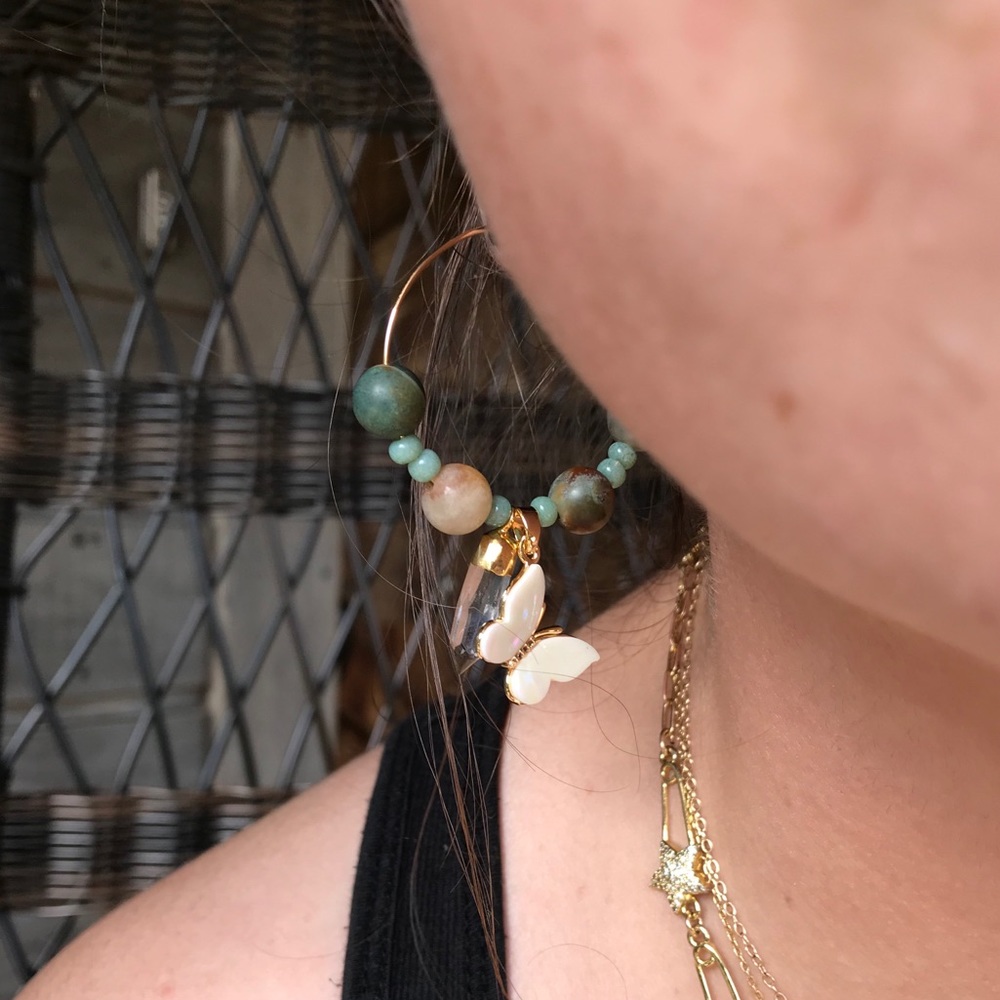 Indian Agate Butterfly Quartz Gold Hoop Earrings - Picture 2 of 8
